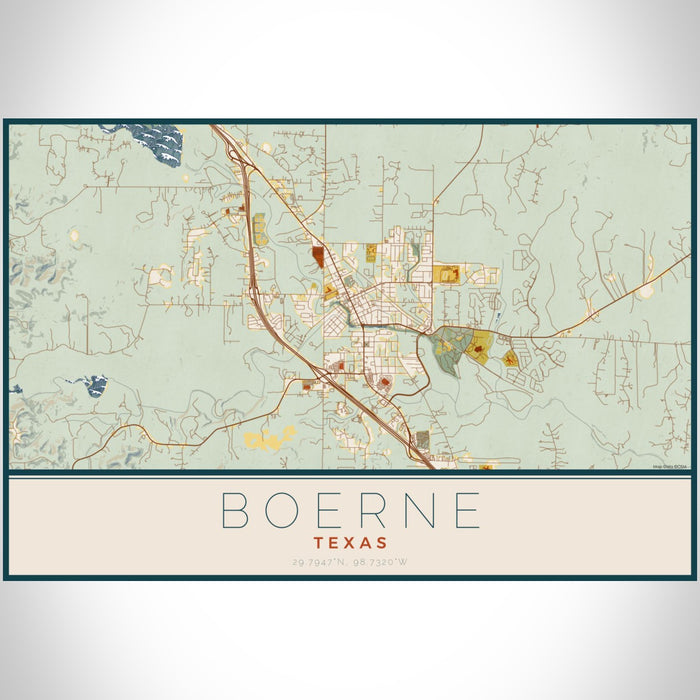 Boerne Texas Map Print Landscape Orientation in Woodblock Style With Shaded Background
