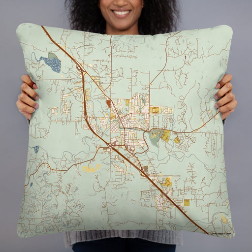 Person holding 22x22 Custom Boerne Texas Map Throw Pillow in Woodblock