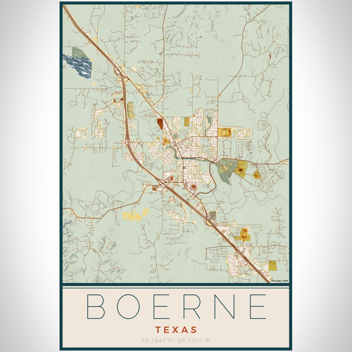 Boerne Texas Map Print Portrait Orientation in Woodblock Style With Shaded Background