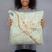 Person holding 18x18 Custom Boerne Texas Map Throw Pillow in Woodblock