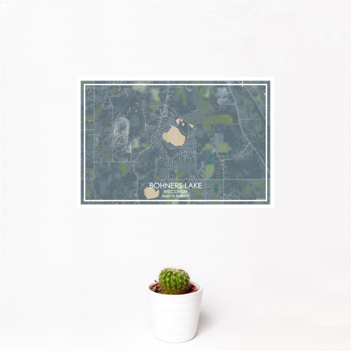 12x18 Bohners Lake Wisconsin Map Print Landscape Orientation in Afternoon Style With Small Cactus Plant in White Planter