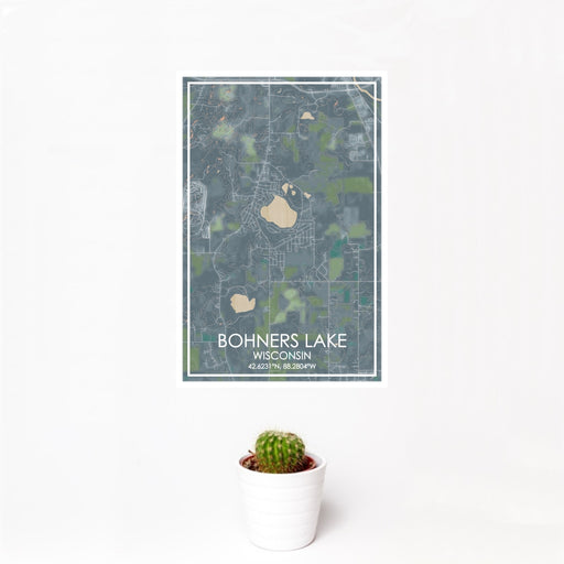 12x18 Bohners Lake Wisconsin Map Print Portrait Orientation in Afternoon Style With Small Cactus Plant in White Planter
