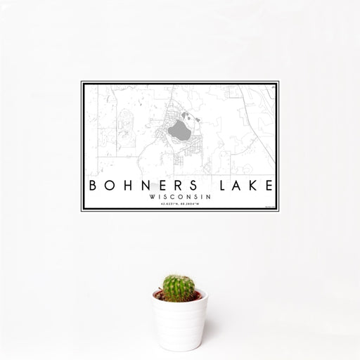 12x18 Bohners Lake Wisconsin Map Print Landscape Orientation in Classic Style With Small Cactus Plant in White Planter