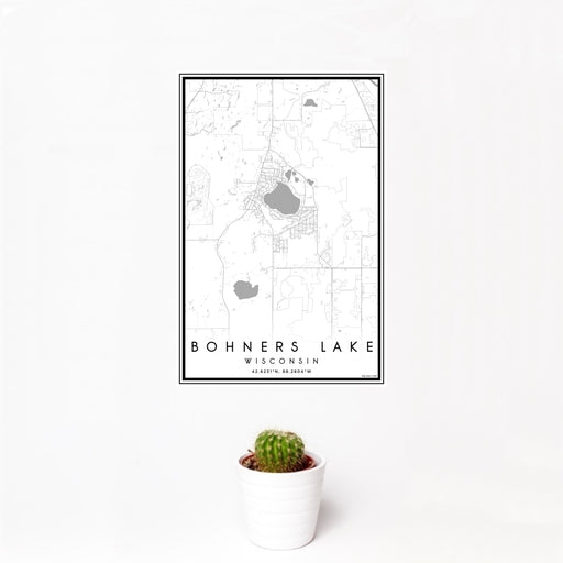 12x18 Bohners Lake Wisconsin Map Print Portrait Orientation in Classic Style With Small Cactus Plant in White Planter