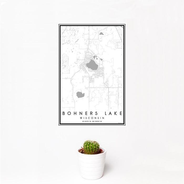 12x18 Bohners Lake Wisconsin Map Print Portrait Orientation in Classic Style With Small Cactus Plant in White Planter