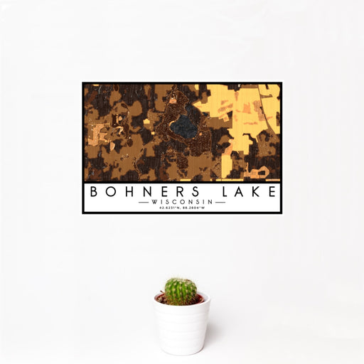 12x18 Bohners Lake Wisconsin Map Print Landscape Orientation in Ember Style With Small Cactus Plant in White Planter