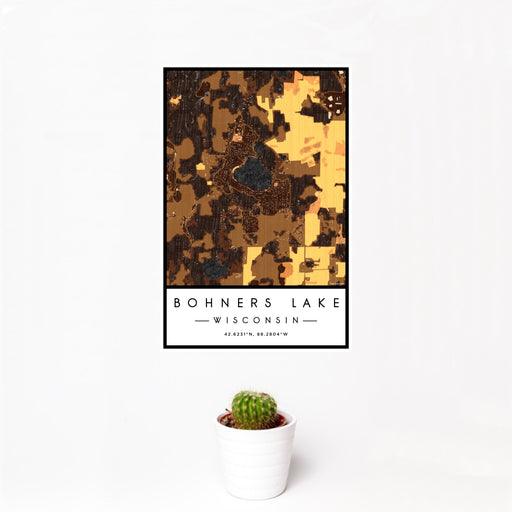 12x18 Bohners Lake Wisconsin Map Print Portrait Orientation in Ember Style With Small Cactus Plant in White Planter