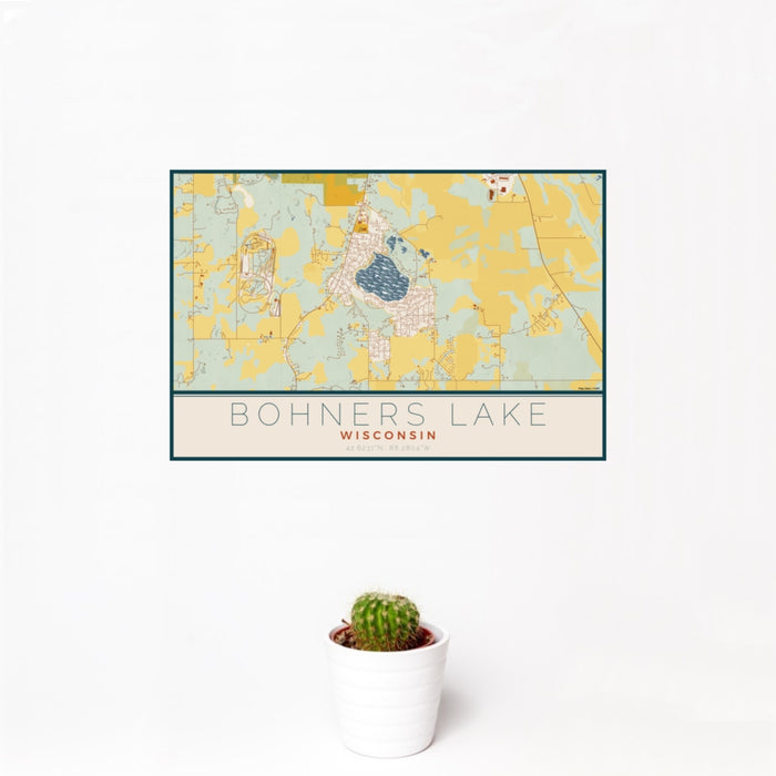12x18 Bohners Lake Wisconsin Map Print Landscape Orientation in Woodblock Style With Small Cactus Plant in White Planter