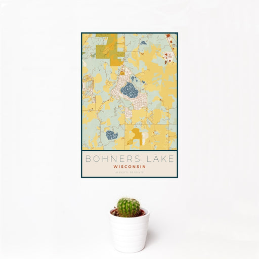 12x18 Bohners Lake Wisconsin Map Print Portrait Orientation in Woodblock Style With Small Cactus Plant in White Planter
