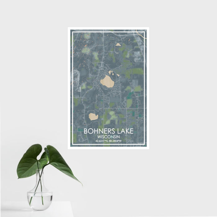16x24 Bohners Lake Wisconsin Map Print Portrait Orientation in Afternoon Style With Tropical Plant Leaves in Water
