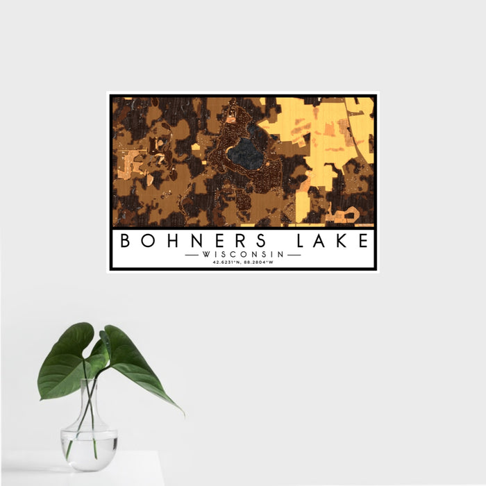 16x24 Bohners Lake Wisconsin Map Print Landscape Orientation in Ember Style With Tropical Plant Leaves in Water