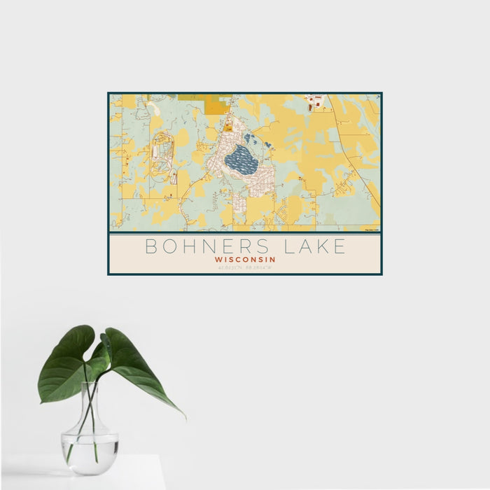 16x24 Bohners Lake Wisconsin Map Print Landscape Orientation in Woodblock Style With Tropical Plant Leaves in Water