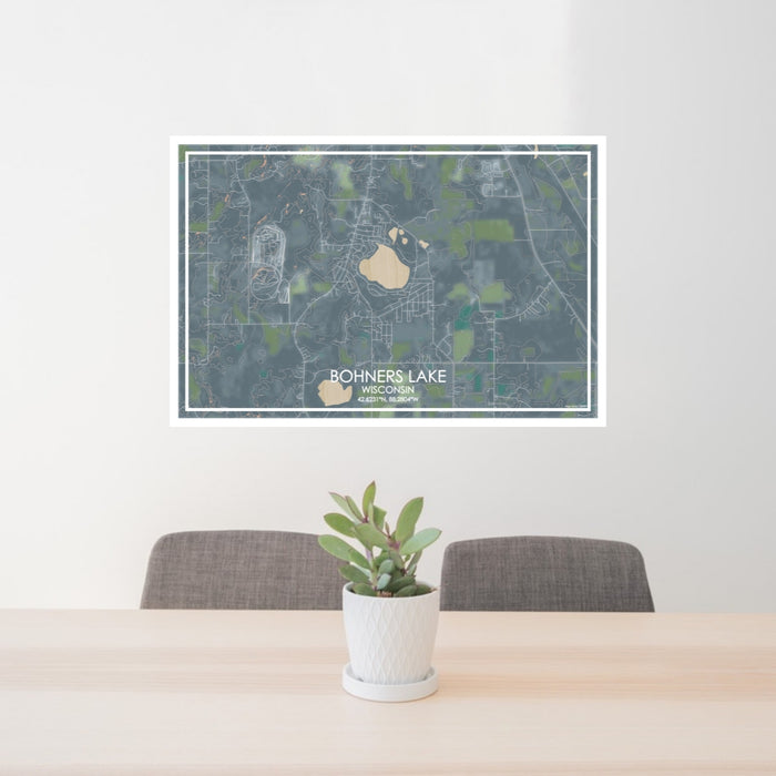 24x36 Bohners Lake Wisconsin Map Print Lanscape Orientation in Afternoon Style Behind 2 Chairs Table and Potted Plant