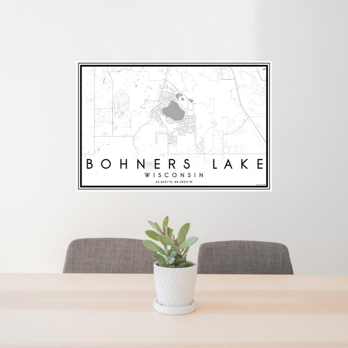 24x36 Bohners Lake Wisconsin Map Print Lanscape Orientation in Classic Style Behind 2 Chairs Table and Potted Plant