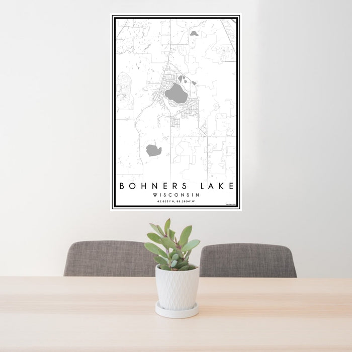 24x36 Bohners Lake Wisconsin Map Print Portrait Orientation in Classic Style Behind 2 Chairs Table and Potted Plant