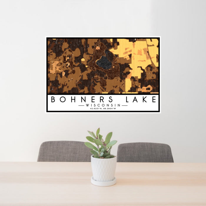 24x36 Bohners Lake Wisconsin Map Print Lanscape Orientation in Ember Style Behind 2 Chairs Table and Potted Plant