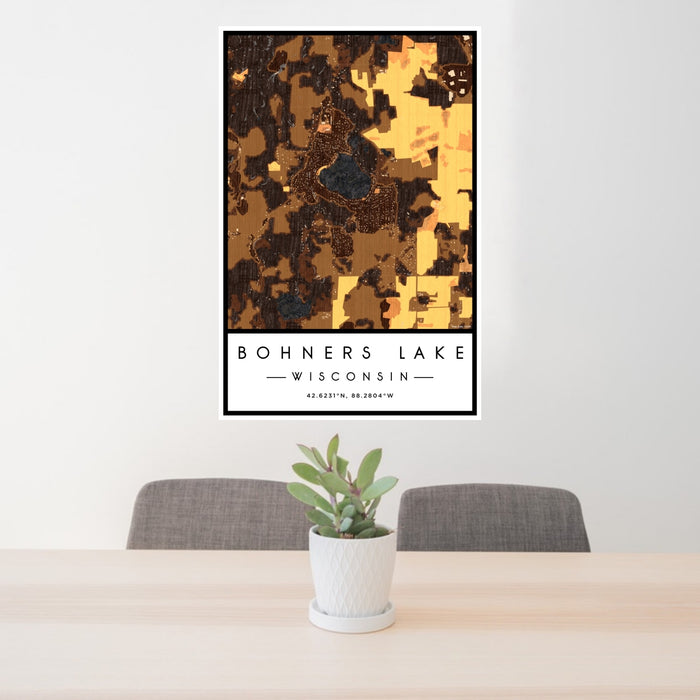 24x36 Bohners Lake Wisconsin Map Print Portrait Orientation in Ember Style Behind 2 Chairs Table and Potted Plant