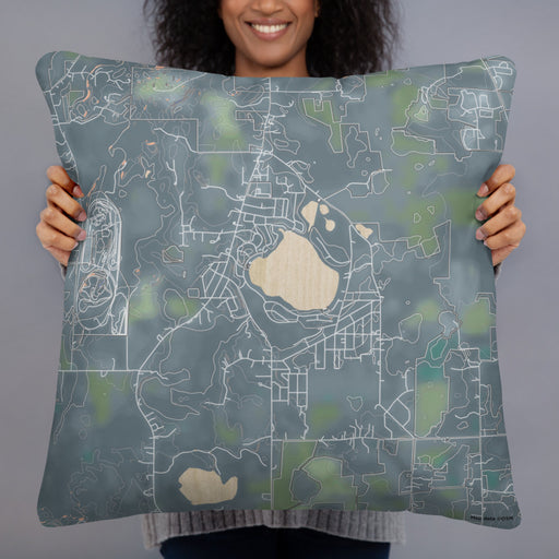 Person holding 22x22 Custom Bohners Lake Wisconsin Map Throw Pillow in Afternoon