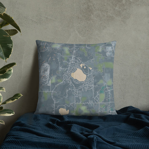 Custom Bohners Lake Wisconsin Map Throw Pillow in Afternoon on Bedding Against Wall