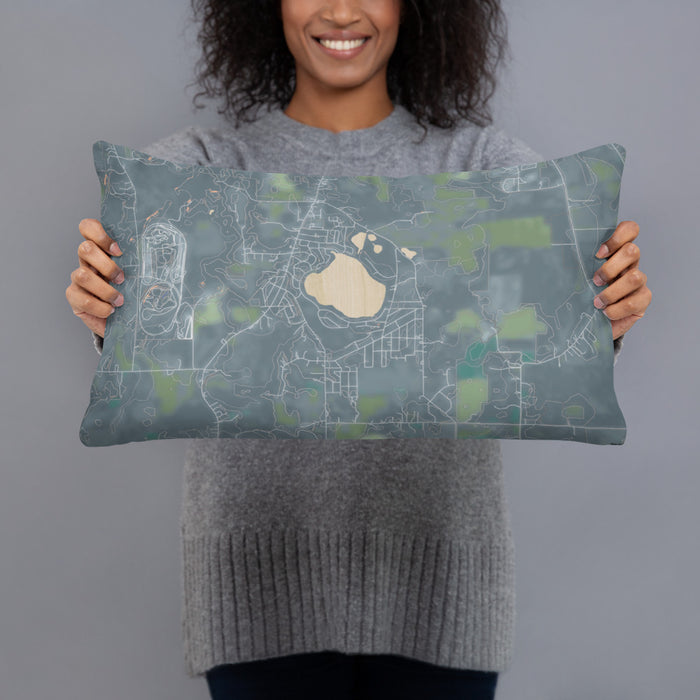 Person holding 20x12 Custom Bohners Lake Wisconsin Map Throw Pillow in Afternoon