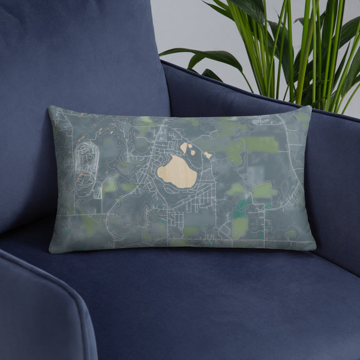 Custom Bohners Lake Wisconsin Map Throw Pillow in Afternoon on Blue Colored Chair