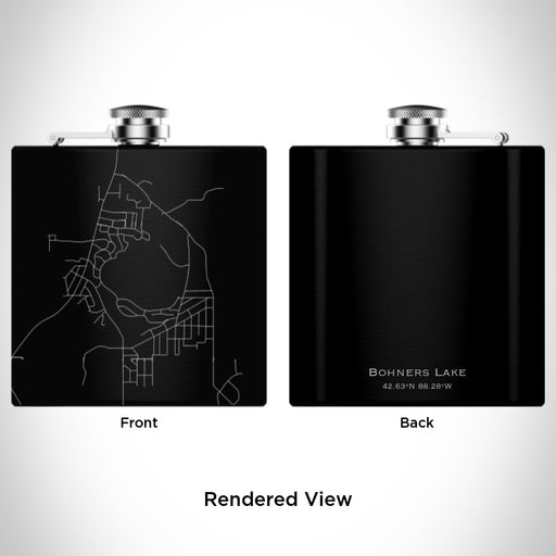 Rendered View of Bohners Lake Wisconsin Map Engraving on 6oz Stainless Steel Flask in Black