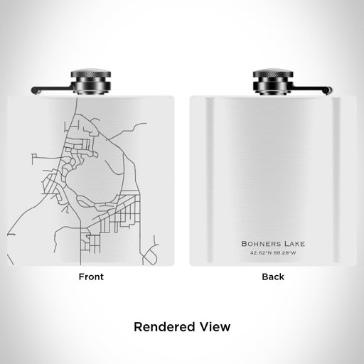 Rendered View of Bohners Lake Wisconsin Map Engraving on 6oz Stainless Steel Flask in White