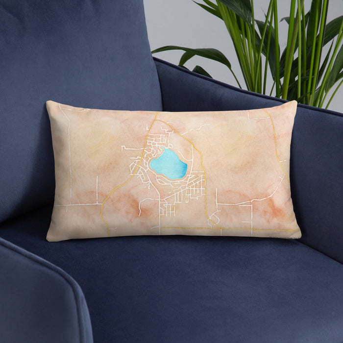Custom Bohners Lake Wisconsin Map Throw Pillow in Watercolor on Blue Colored Chair