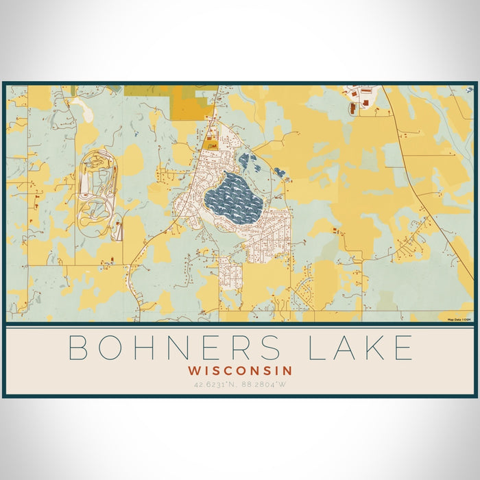 Bohners Lake Wisconsin Map Print Landscape Orientation in Woodblock Style With Shaded Background