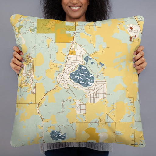 Person holding 22x22 Custom Bohners Lake Wisconsin Map Throw Pillow in Woodblock