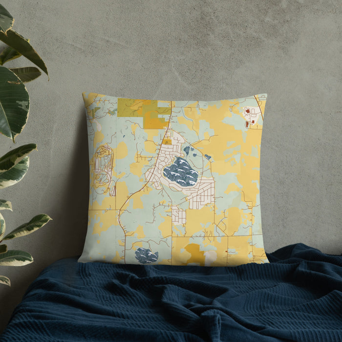 Custom Bohners Lake Wisconsin Map Throw Pillow in Woodblock on Bedding Against Wall