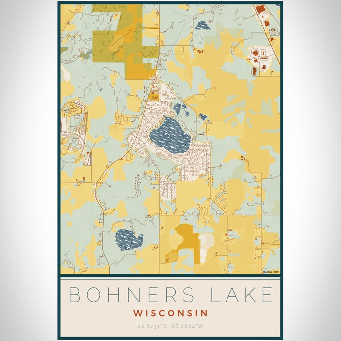 Bohners Lake Wisconsin Map Print Portrait Orientation in Woodblock Style With Shaded Background