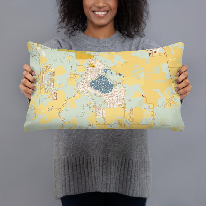 Person holding 20x12 Custom Bohners Lake Wisconsin Map Throw Pillow in Woodblock