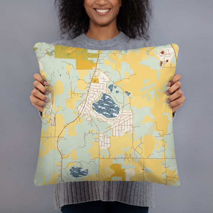 Person holding 18x18 Custom Bohners Lake Wisconsin Map Throw Pillow in Woodblock