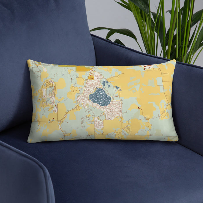 Custom Bohners Lake Wisconsin Map Throw Pillow in Woodblock on Blue Colored Chair