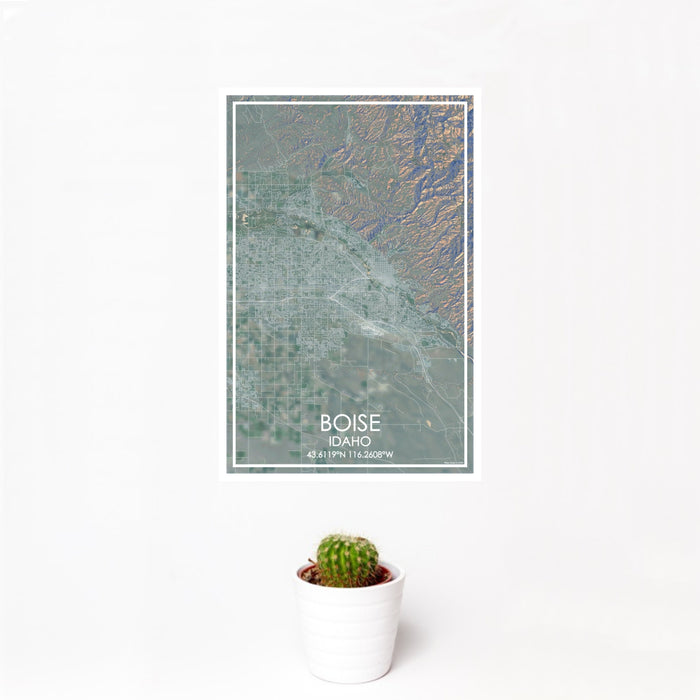 12x18 Boise Idaho Map Print Portrait Orientation in Afternoon Style With Small Cactus Plant in White Planter