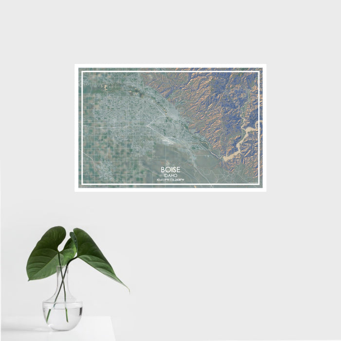 16x24 Boise Idaho Map Print Landscape Orientation in Afternoon Style With Tropical Plant Leaves in Water