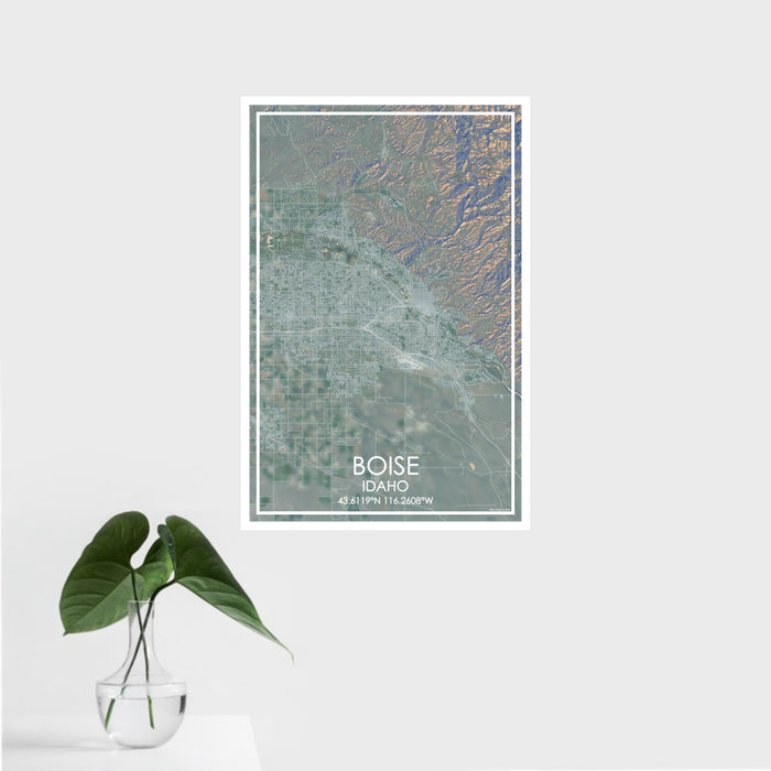 16x24 Boise Idaho Map Print Portrait Orientation in Afternoon Style With Tropical Plant Leaves in Water