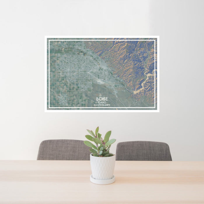 24x36 Boise Idaho Map Print Lanscape Orientation in Afternoon Style Behind 2 Chairs Table and Potted Plant