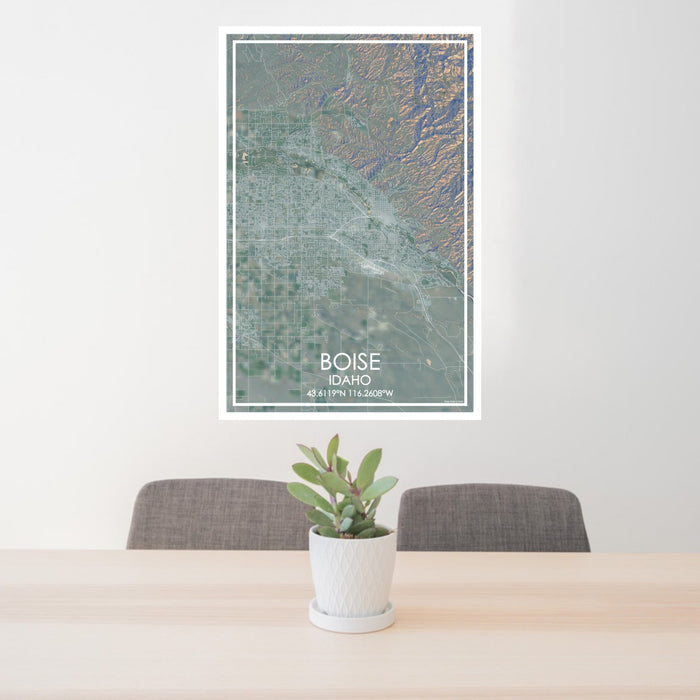 24x36 Boise Idaho Map Print Portrait Orientation in Afternoon Style Behind 2 Chairs Table and Potted Plant