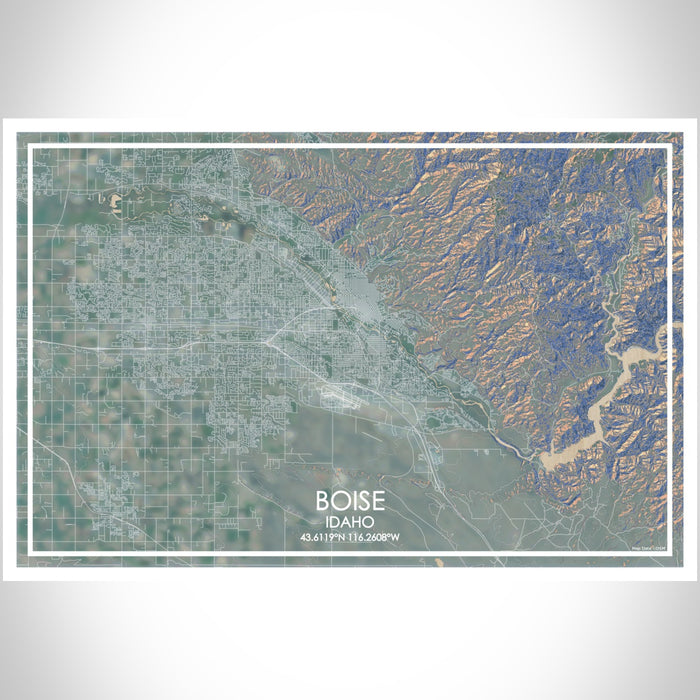 Boise Idaho Map Print Landscape Orientation in Afternoon Style With Shaded Background