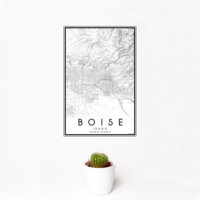 12x18 Boise Idaho Map Print Portrait Orientation in Classic Style With Small Cactus Plant in White Planter