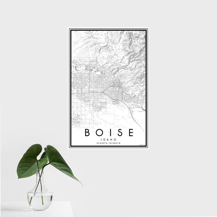 16x24 Boise Idaho Map Print Portrait Orientation in Classic Style With Tropical Plant Leaves in Water