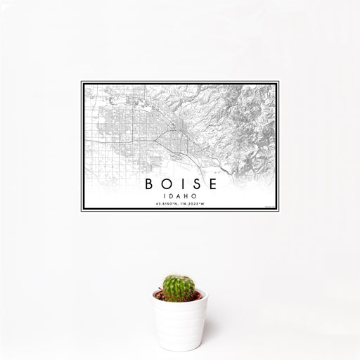 12x18 Boise Idaho Map Print Landscape Orientation in Classic Style With Small Cactus Plant in White Planter