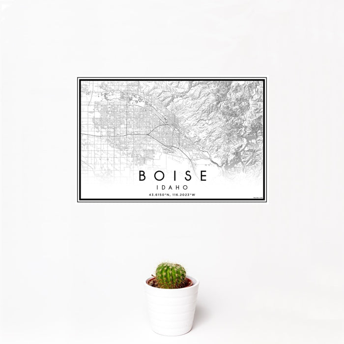 12x18 Boise Idaho Map Print Landscape Orientation in Classic Style With Small Cactus Plant in White Planter