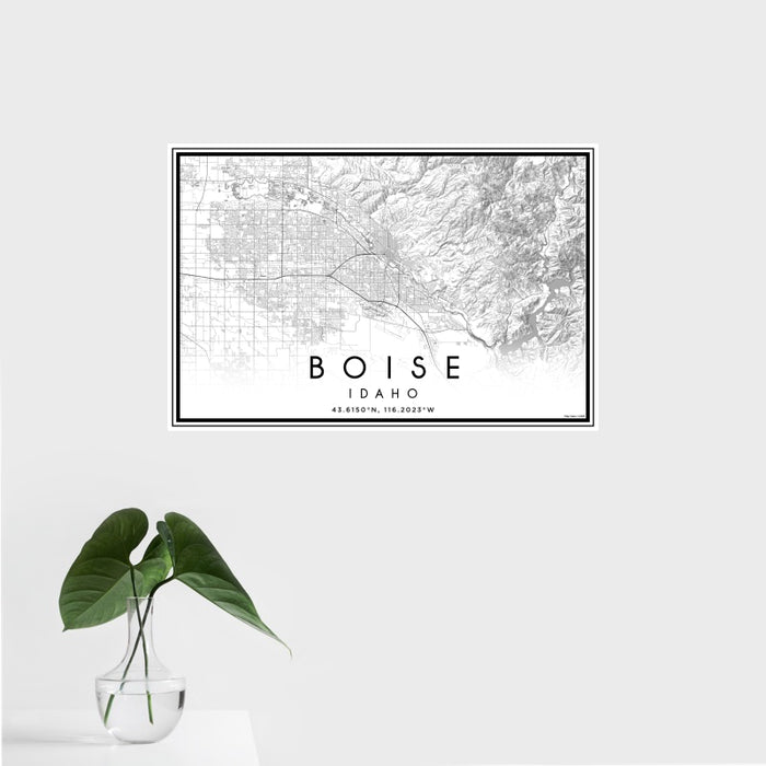 16x24 Boise Idaho Map Print Landscape Orientation in Classic Style With Tropical Plant Leaves in Water
