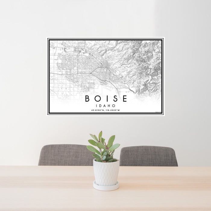 24x36 Boise Idaho Map Print Landscape Orientation in Classic Style Behind 2 Chairs Table and Potted Plant