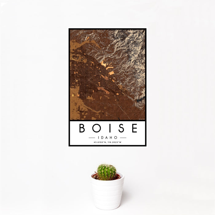 12x18 Boise Idaho Map Print Portrait Orientation in Ember Style With Small Cactus Plant in White Planter
