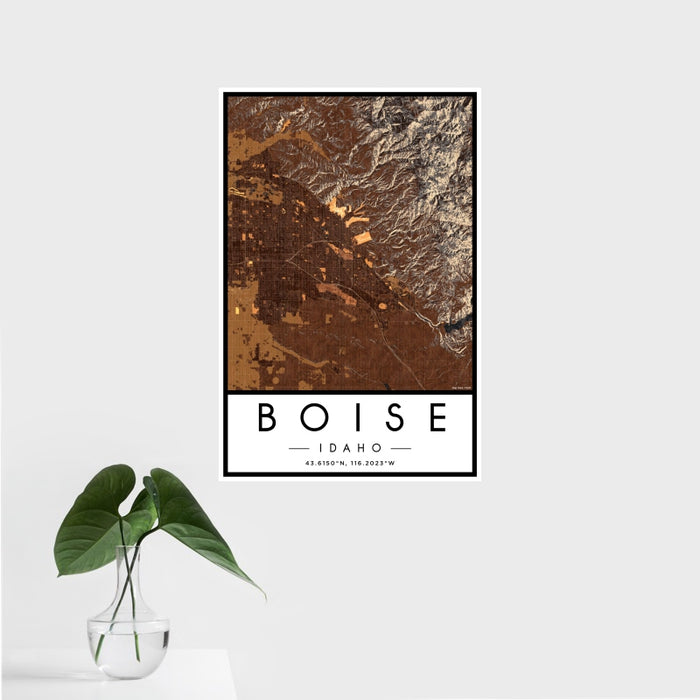 16x24 Boise Idaho Map Print Portrait Orientation in Ember Style With Tropical Plant Leaves in Water