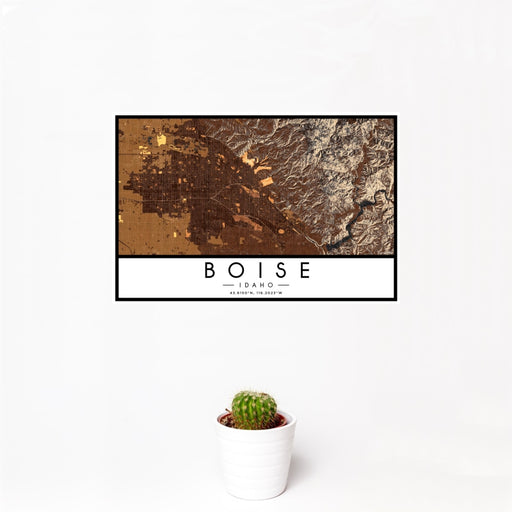 12x18 Boise Idaho Map Print Landscape Orientation in Ember Style With Small Cactus Plant in White Planter